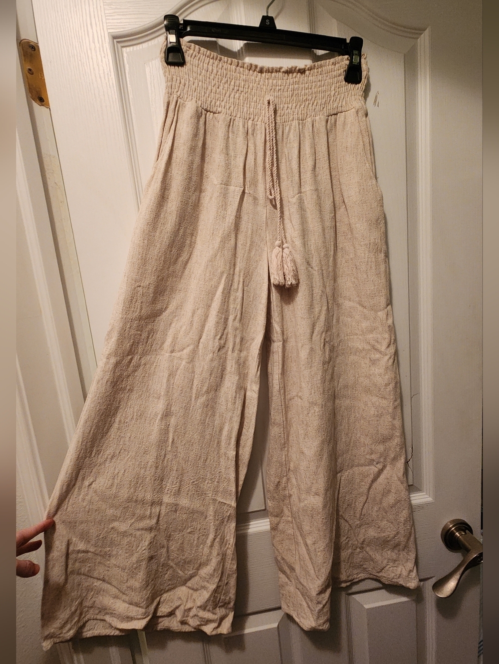Beige Smocked Waist Linen Pants